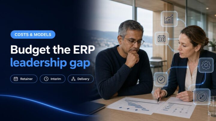 A CFO and operations leader review the leadership and delivery budget for an ERP modernisation.