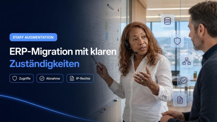 Eine IT-Leitung und ein Betriebsverantwortlicher besprechen in einem modernen Schweizer Büro die Planung einer ERP-Schnittstellenmigration.
