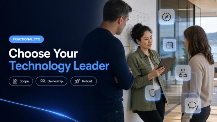 A founder and colleagues review an enterprise rollout plan and technology leadership responsibilities in a Swiss office.