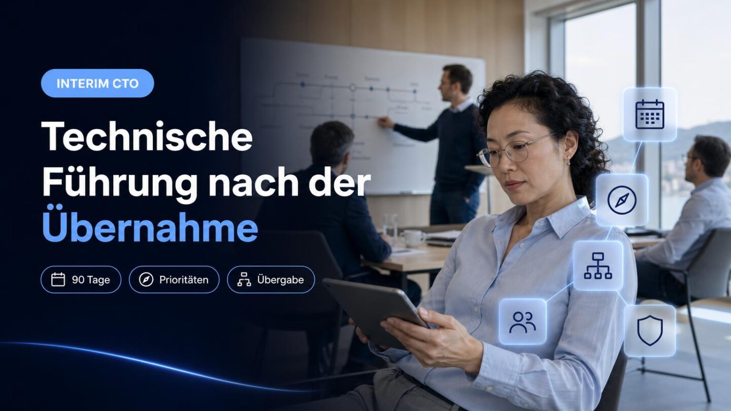 Ein Führungsteam bespricht in einem Schweizer Büro die technische Integration und die Übergabe nach einer Übernahme.