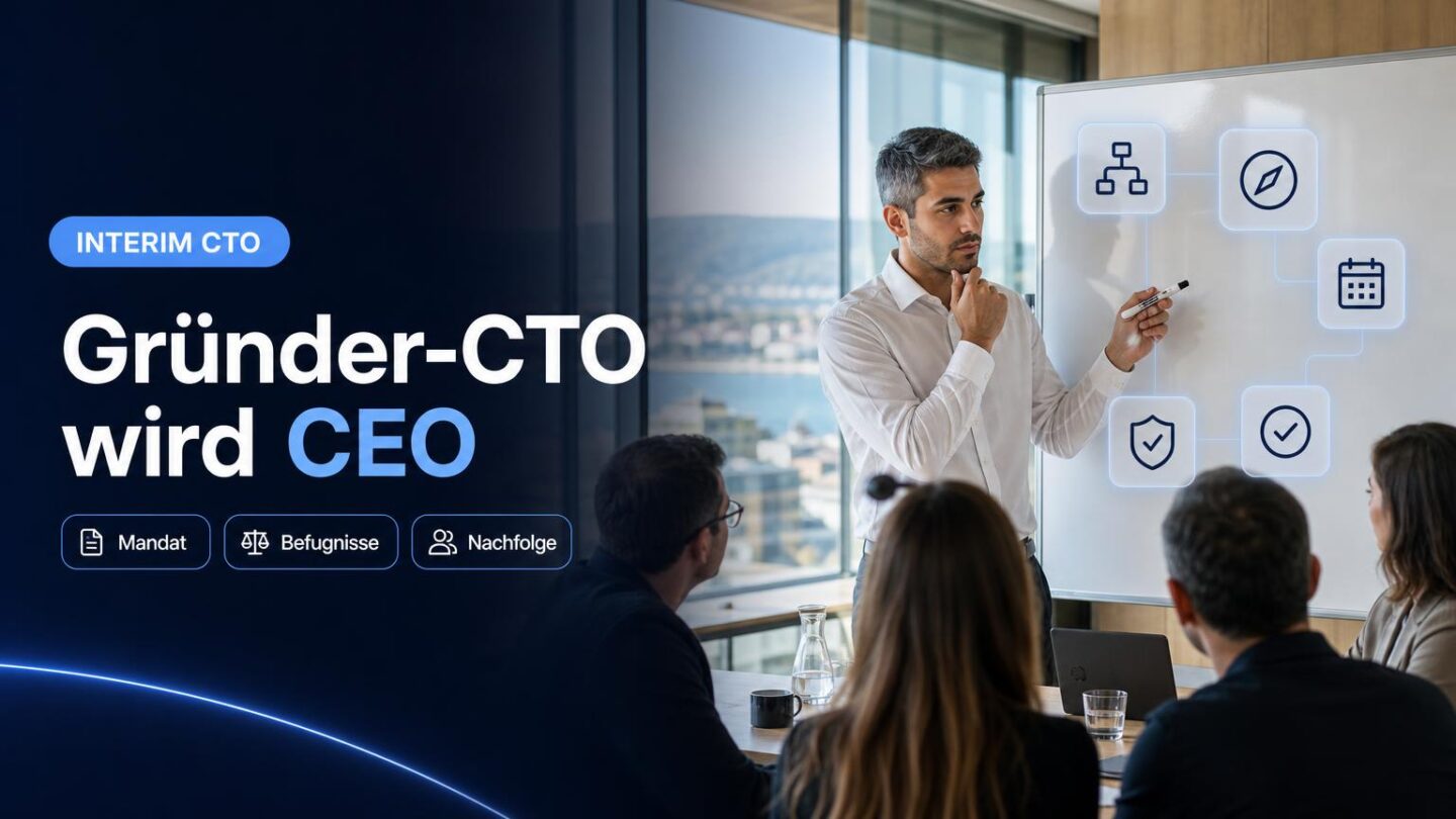 Eine Geschäftsleitung bespricht im Büro die Entscheidungsrechte und die Nachfolge beim Wechsel des Gründer-CTO in die CEO-Rolle.