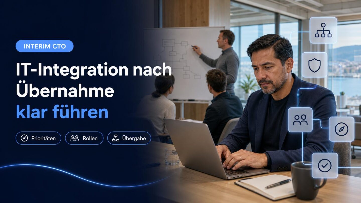 Ein Führungsteam bespricht im Büro die Prioritäten und Zuständigkeiten für die IT-Integration nach einer Übernahme.