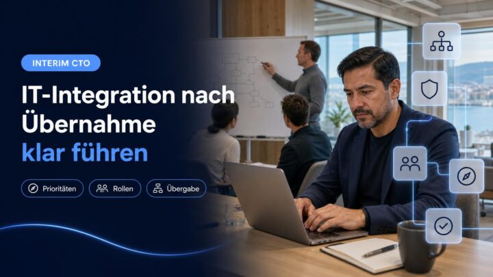 Ein Führungsteam bespricht im Büro die Prioritäten und Zuständigkeiten für die IT-Integration nach einer Übernahme.