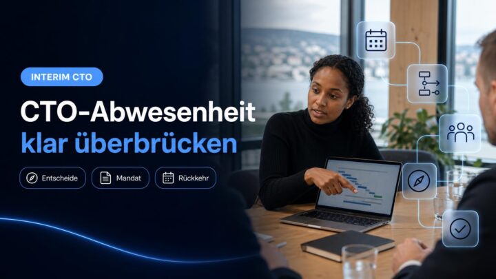 Ein Führungsteam plant im Büro die technische Verantwortung während einer längeren CTO-Abwesenheit.