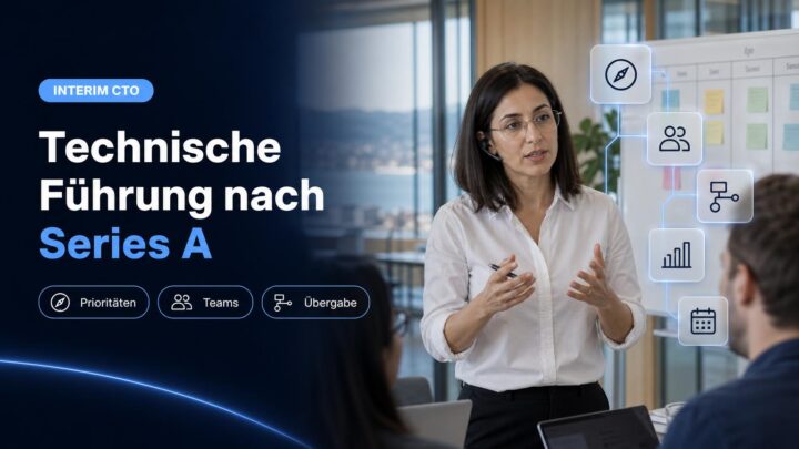Ein Führungsteam plant in einem Schweizer Büro Produkt- und Plattformprioritäten für die Zeit nach einer Finanzierungsrunde.
