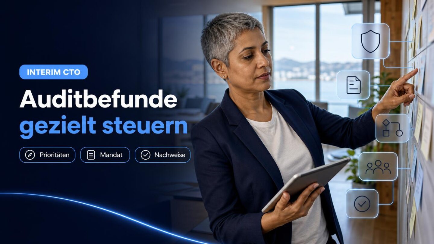 Eine Geschäftsleitung und eine technische Führungsperson besprechen in einem Schweizer Büro die Steuerung von Massnahmen nach einem Sicherheitsaudit.