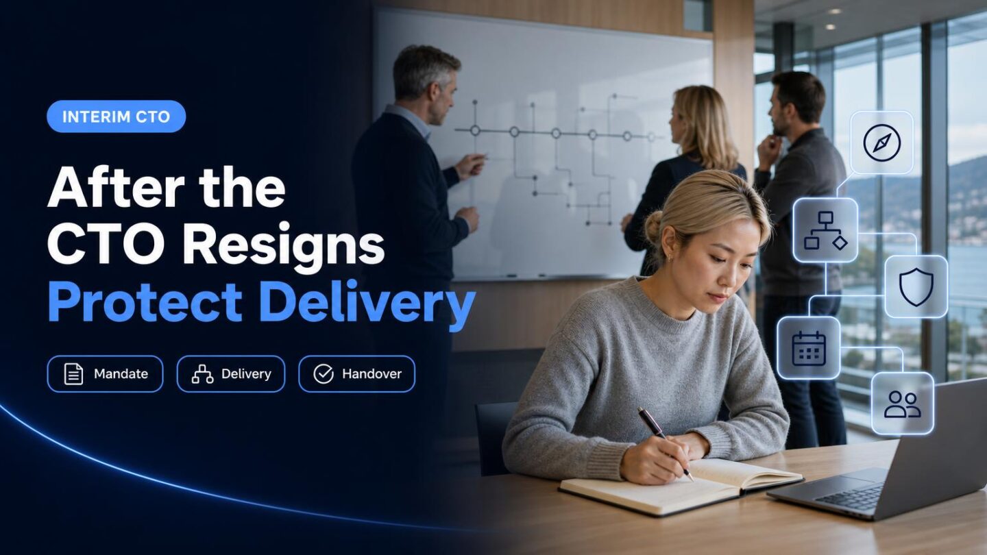 A CEO, board members and a technology leader review an integration roadmap after a CTO departure.