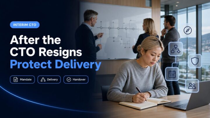 A CEO, board members and a technology leader review an integration roadmap after a CTO departure.