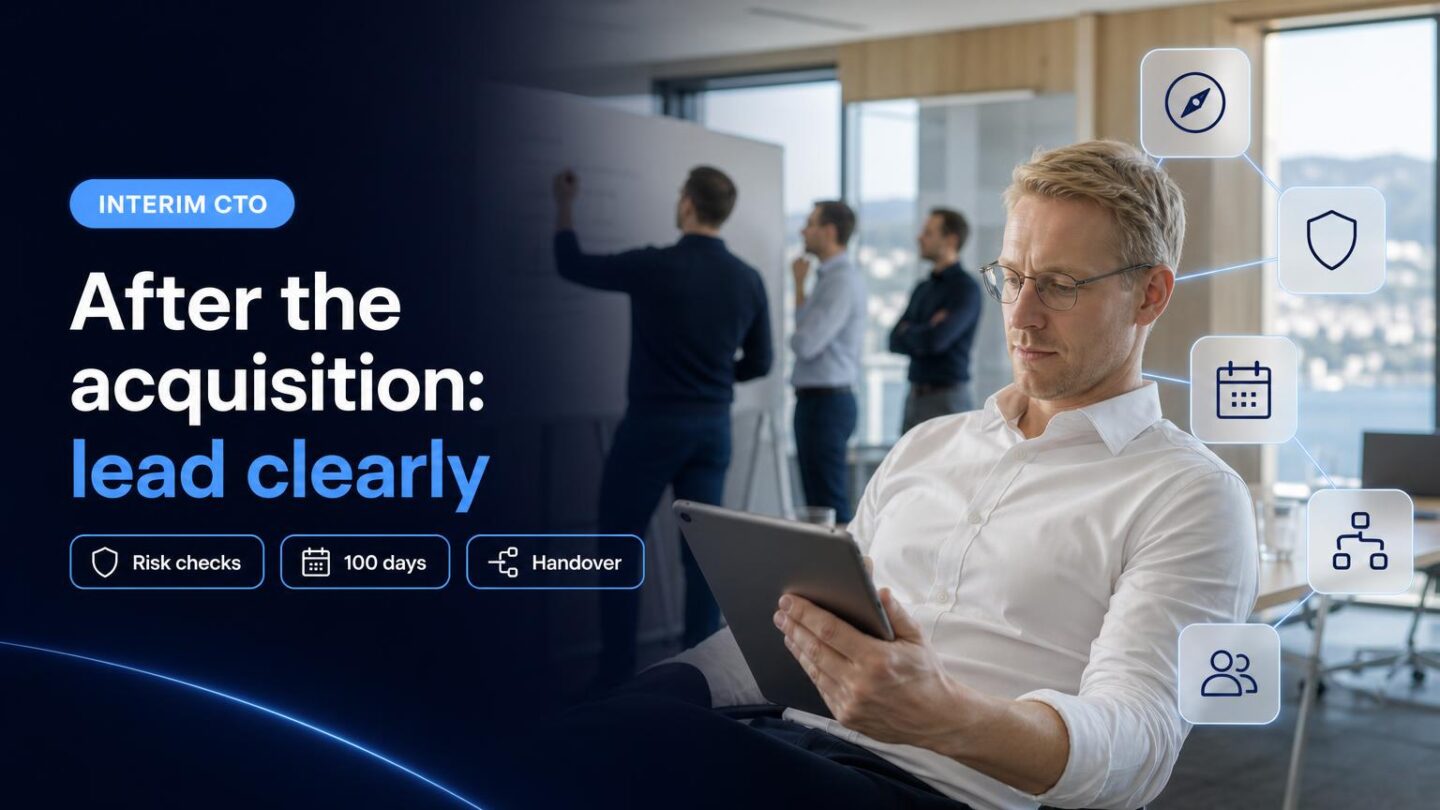 Board and technology leaders reviewing a post-acquisition roadmap in a Swiss office.