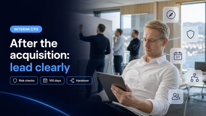 Board and technology leaders reviewing a post-acquisition roadmap in a Swiss office.