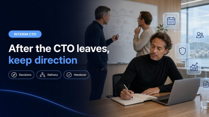 A CEO and technology leaders plan delivery continuity and a CTO handover in a modern Swiss office.