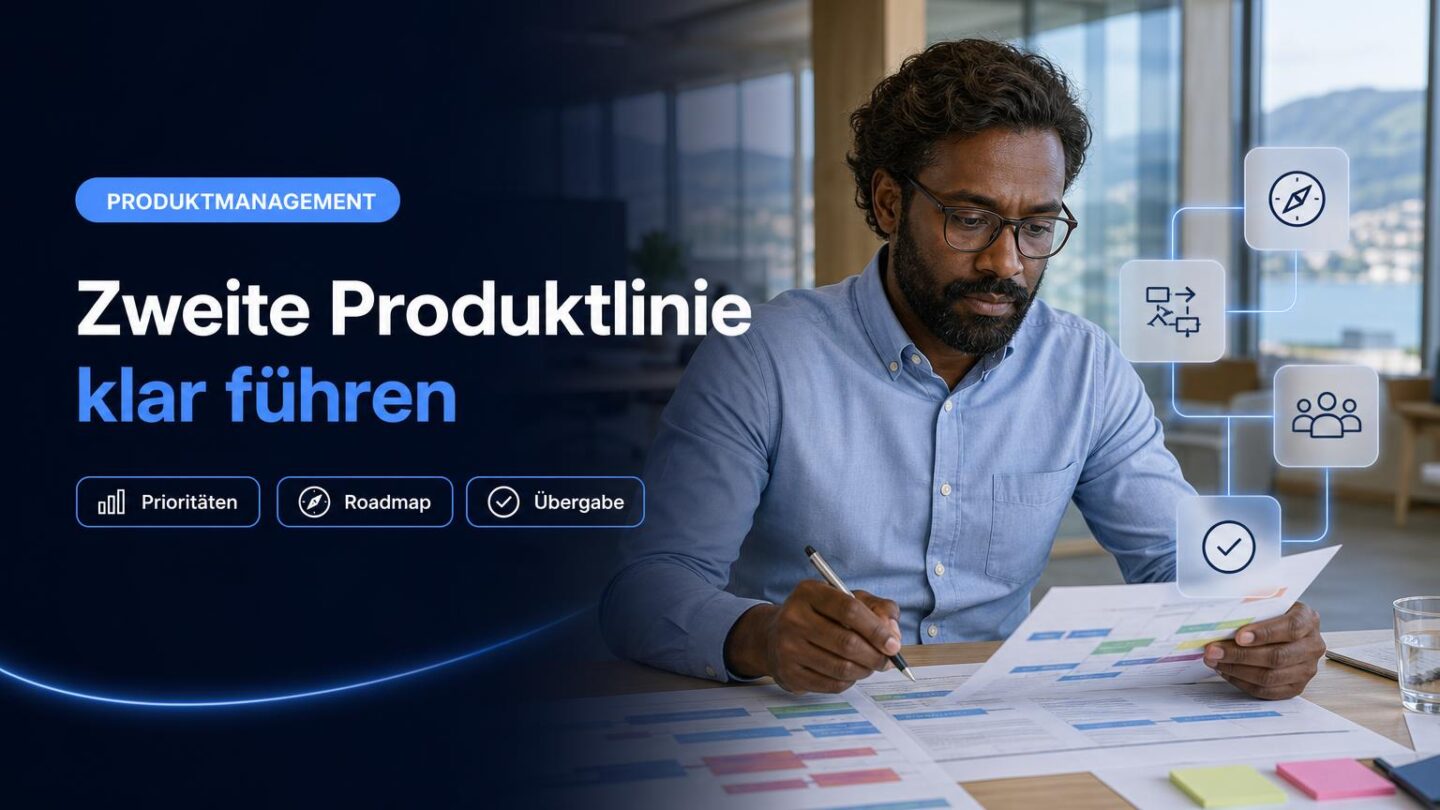 Produktleitung und Engineering besprechen in einem Schweizer Büro die Planung für zwei Produktlinien.