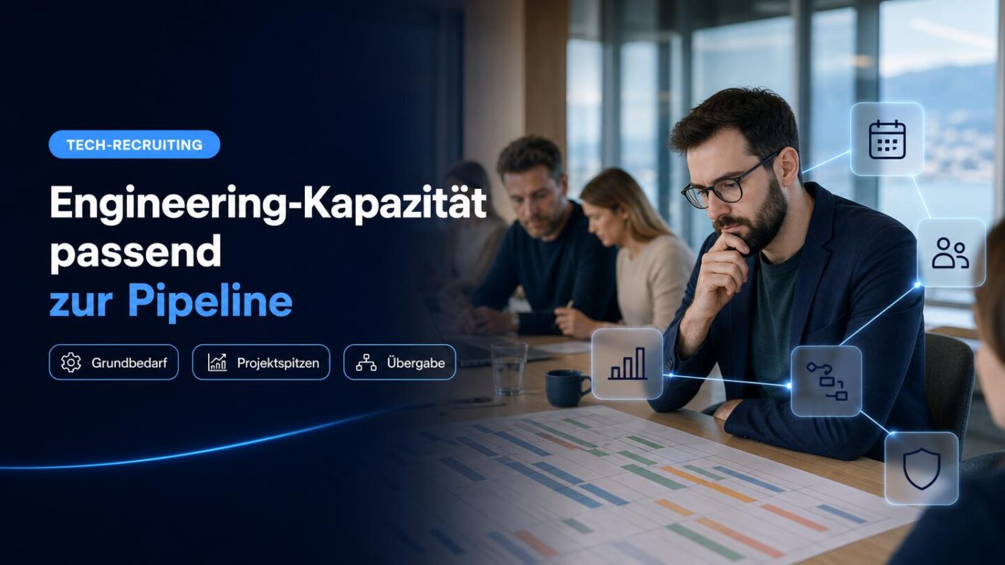 Ein Führungsteam bespricht in einem Schweizer Büro die Engineering-Kapazität für eine schwankende Projektpipeline.