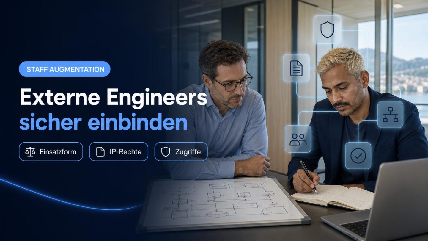 Eine technische Führungskraft und eine Finanzverantwortliche prüfen gemeinsam die Planung für den Einsatz externer Engineers.