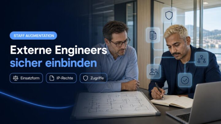 Eine technische Führungskraft und eine Finanzverantwortliche prüfen gemeinsam die Planung für den Einsatz externer Engineers.