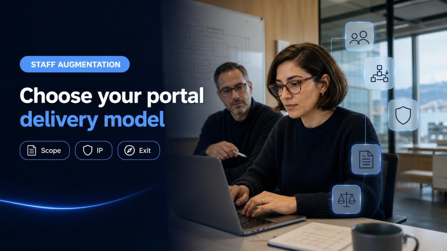 A CFO and CTO review delivery options for a distributor portal in a Swiss office.