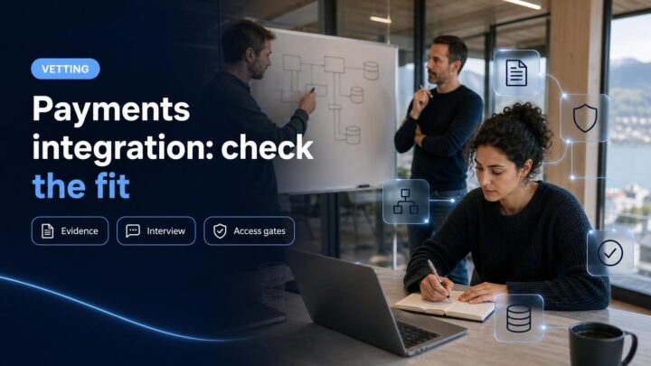 A fintech CTO and risk lead assess a senior engineer against a payments integration diagram in a Swiss office.