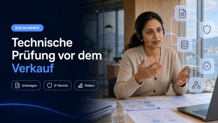 Eine Geschäftsleitung und eine technische Führungskraft ordnen Unterlagen für die Prüfung vor einem Unternehmensverkauf.